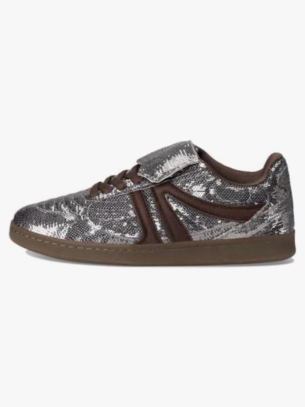 Steve Madden MADRID Silver Sequin Sparkle Brown Stripe Tongue Flap Sneaks NWOB - Picture 2 of 16